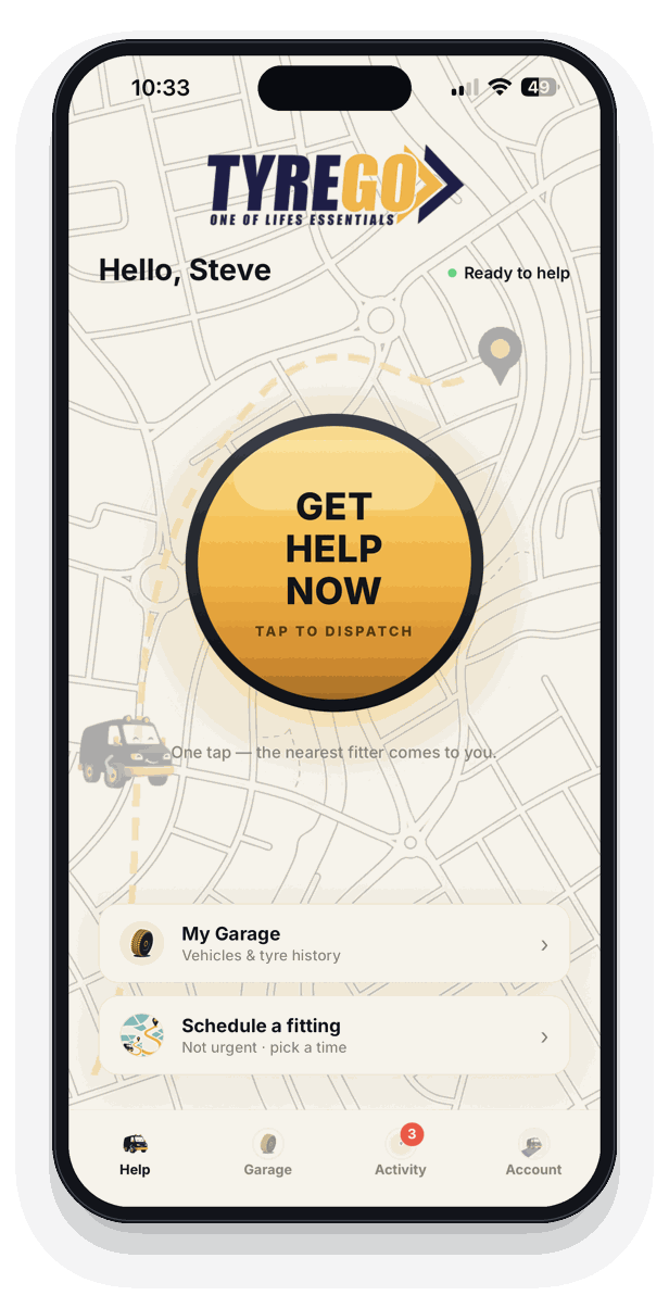 TyreGo home screen — GET HELP NOW